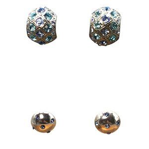 Crystal Studded Earrings Lot, 2 Pr Silver Tone with Blue Rhinestones, Fun Bundle